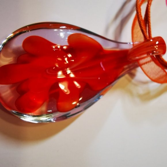 Art Glass Pendent Clear Glass with Orange Flower ~ Ribbon and Cord Nec… - Picture 6 of 16